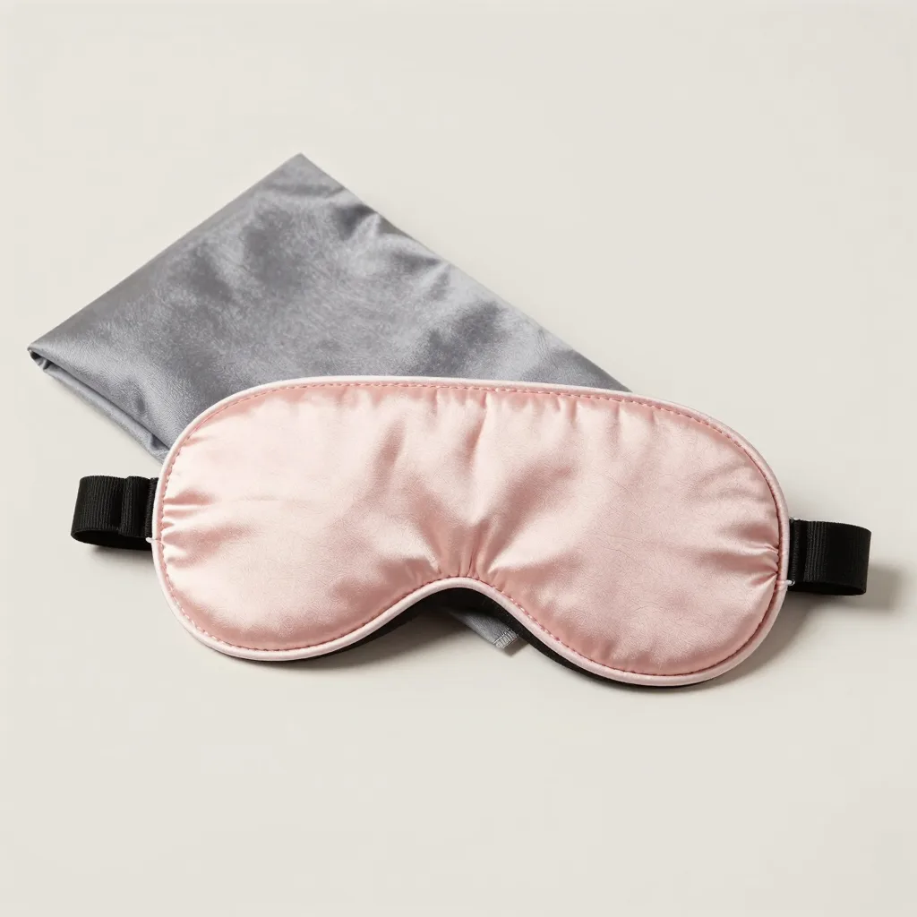 A travel mulberry silk sleep mask with a pouch on a light background