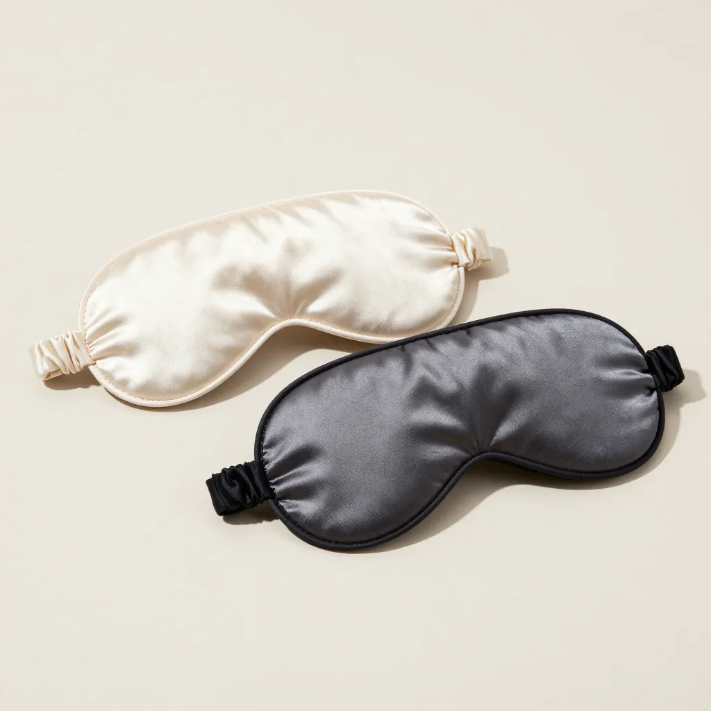 Two mulberry silk sleep masks in ivory and charcoal on a light background