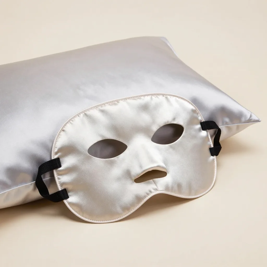A mulberry silk mask with a silk pillowcase on a light background