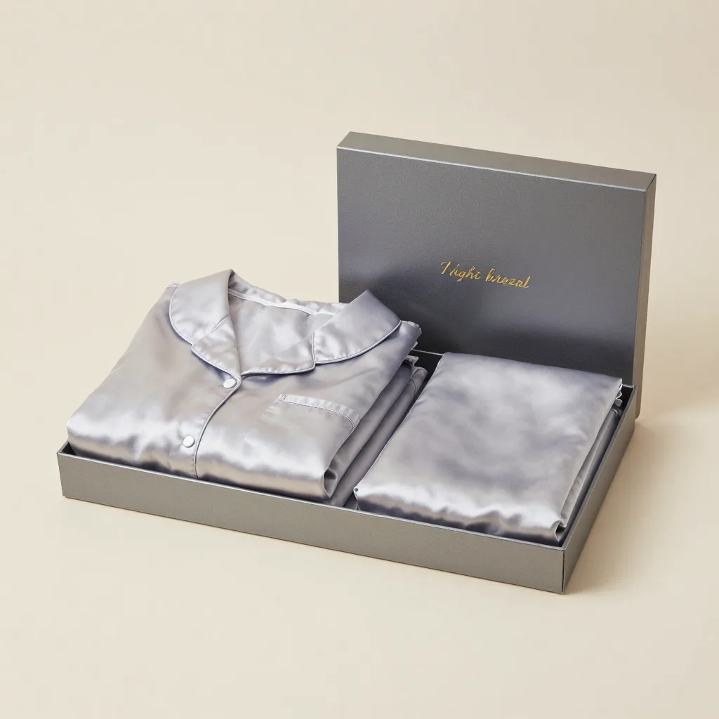 A night ritual gift set of silk sleep items in a pouch on a light background